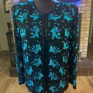 Laurence Kazar Black and Turquoise blouse Size Large